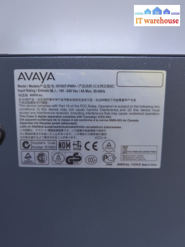 Avaya ERS 3510GT-PWR+ GbE PoE+ Ethernet Routing Switch AL3500A14-E6 -