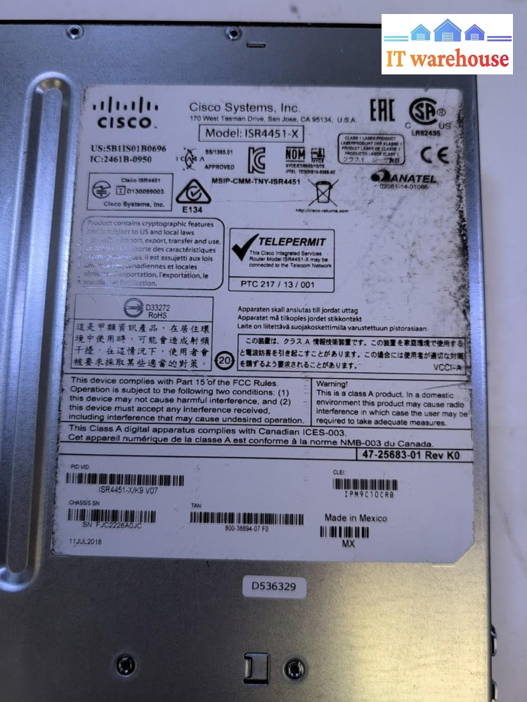 Cisco 4400 Series Integrated Services Router ISR4451-X/K9 V07 Tested -