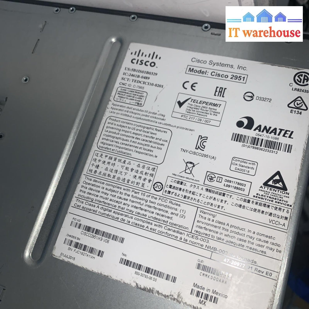 CISCO INTEGRATED SERVICE ROUTER CISCO2951/K9 V06 (2x Cisco VWIC3-2MFT-T1/E1)