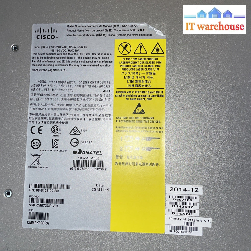 Cisco Nexus 5600 N5K-C5672UP 48xSFP+ 6xQSFP+ Network Switch 68-5125-02