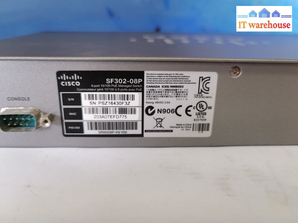 $ Cisco Sf302-08P Srw208P-K9 V02 8-Port 10/100 Poe Managed Switch *No Ac Adapter