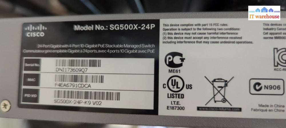 Cisco Sg500X-24P-K9 V02 24 Port Managed Poe Switch With Ear Mount -