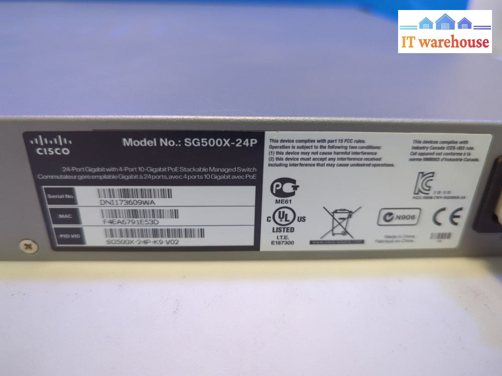 Cisco Sg500X-24P-K9 V02 24 Port Managed Poe Switch With Ear Mount -
