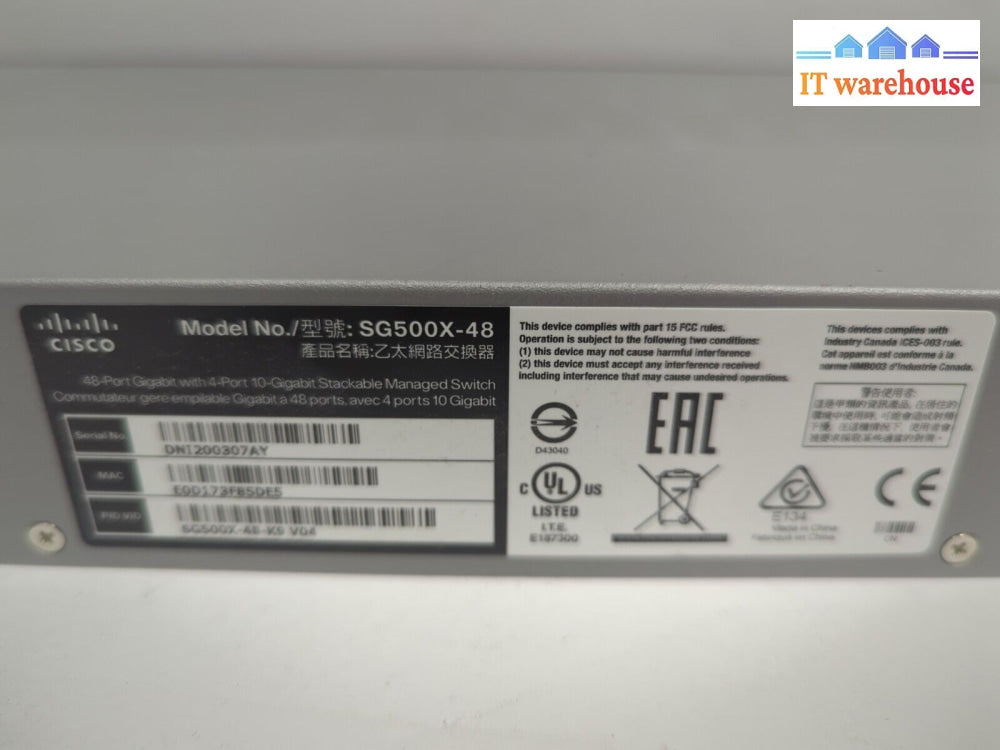 CISCO SG500X-48 48-Port Gigabit 4-port 10G Stackable Managed Network Switch