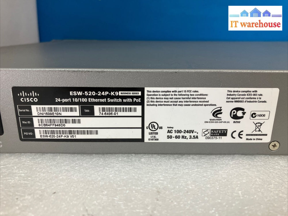 Cisco Small Business Pro Esw-520-24P-K9 24 Poe Ports 10/100 Ethernet Switch ~