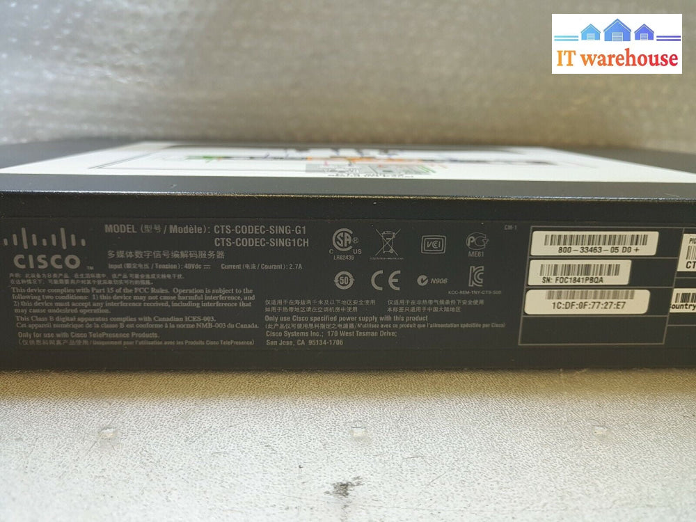 - CISCO TANDBERG CTS-CODEC-SING-G1 TELEPRESENCE SINGLE SCREEN CODEC (NO ADAPTER)