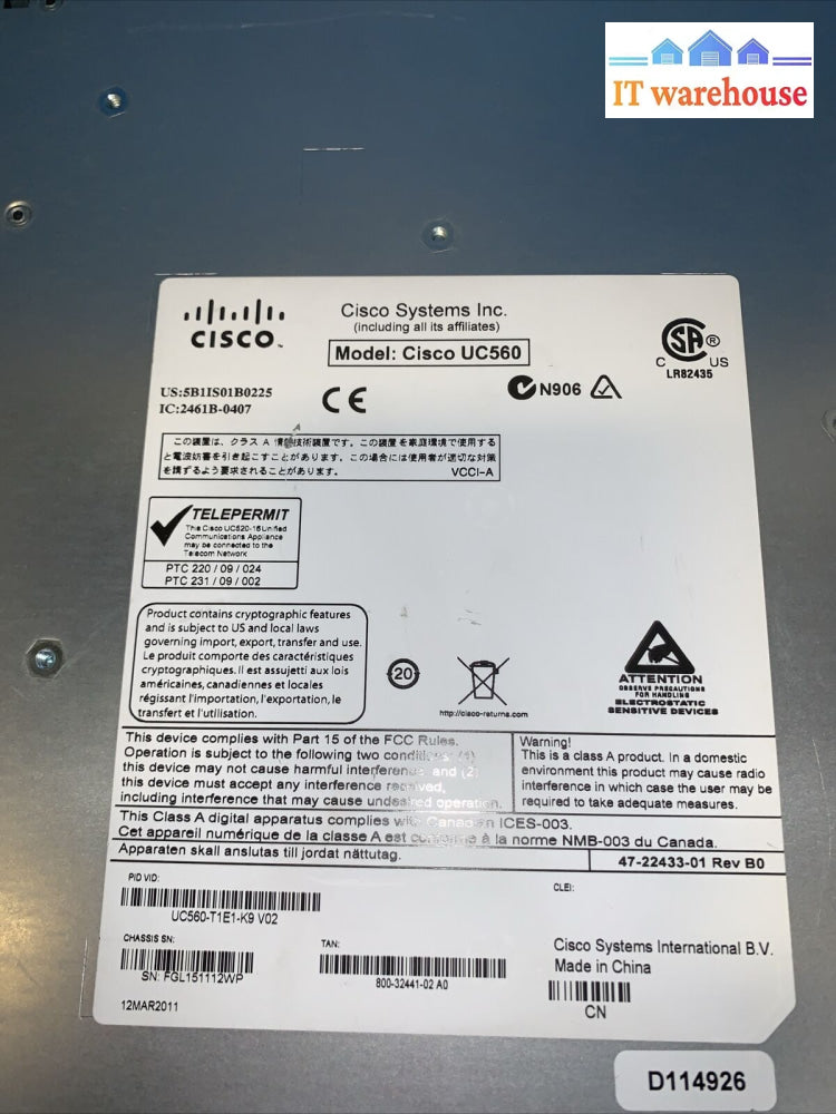 Cisco Unified Communications 500 Uc560 Uc560-T1E1-K9 V02 With Fxo T1/E1