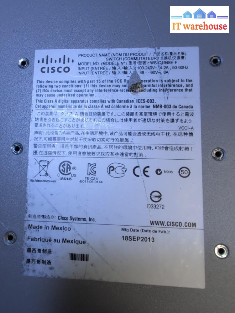 CISCO WS-C4948E-F Catalyst  Switch 48x 1000Gbps + 2x PSU (AS IS, READ) -
