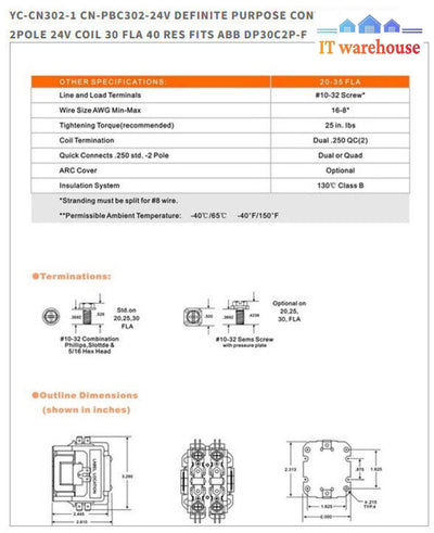CN-PBC302-24V Yuco 2-Pole 30-Amp Definite Purpose Contactor 24V Coil (Qty)