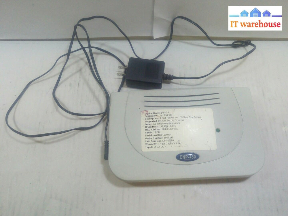 - CNET CNP-430 3-PORT PARALLEL PRINT SERVER PTR-456 W/AC ADAPTER