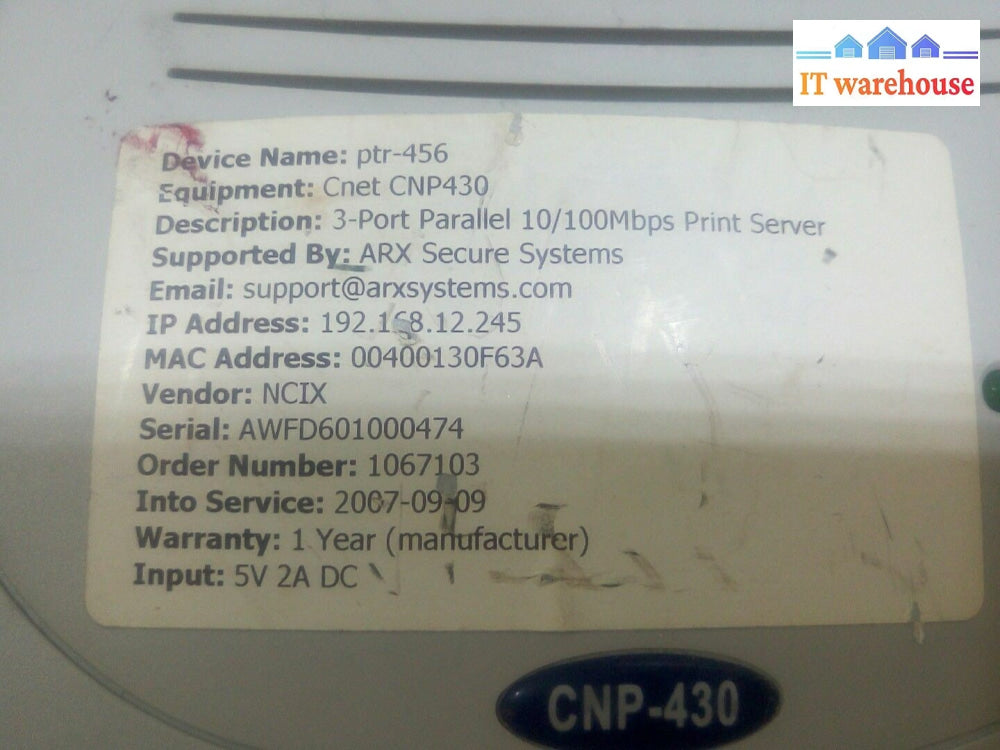 - CNET CNP-430 3-PORT PARALLEL PRINT SERVER PTR-456 W/AC ADAPTER