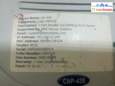 - CNET CNP-430 3-PORT PARALLEL PRINT SERVER PTR-456 W/AC ADAPTER