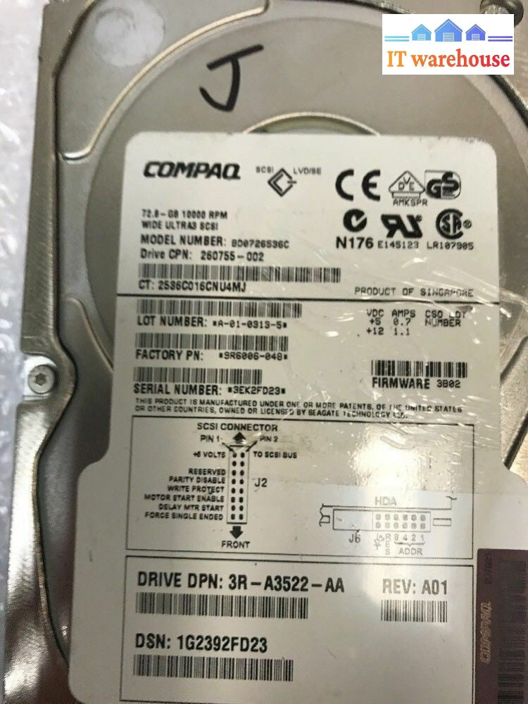 - Compaq 72.8GB 10K U320 SCSI HDD 3R-A3522-AA  260755-002 9R6006-048