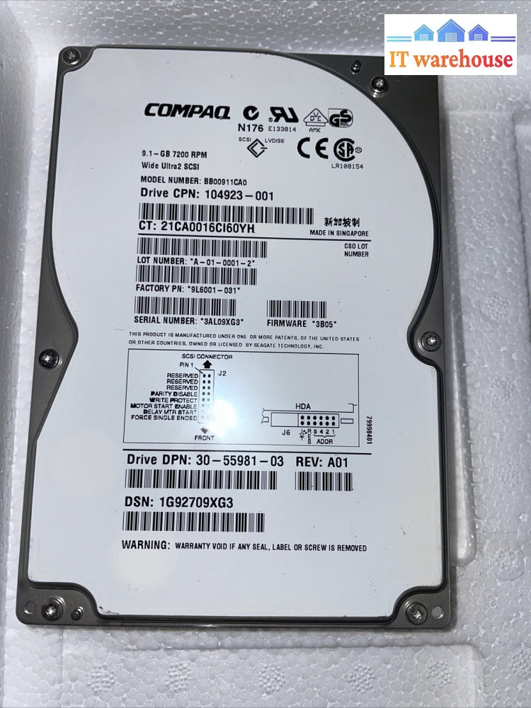 Compaq BB00911CA0 Hard Drive Ultra2 SCSI 9.1GB 7200RPM 104923-001 / 30-55981-03