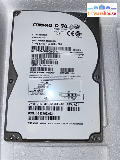 Compaq Bb00911Ca0 Hard Drive Ultra2 Scsi 9.1Gb 7200Rpm 104923-001 / 30-55981-03