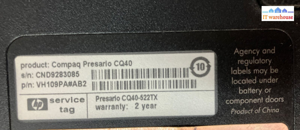 Compaq Presario Cq40 14’ Laptop Core 2 Duo Cpu / 3Gb Ram 500Gb Hdd Win Xp ~