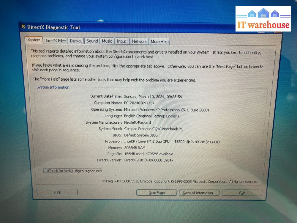 Compaq Presario Cq40 14’ Laptop Core 2 Duo Cpu / 3Gb Ram 500Gb Hdd Win Xp ~