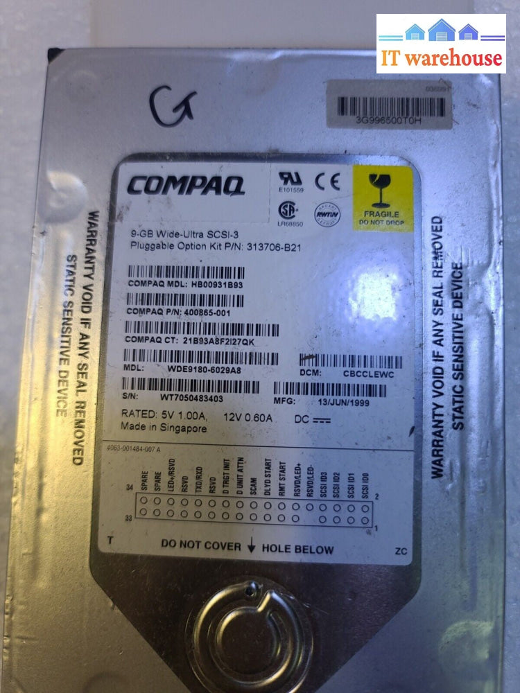 - COMPAQ WDE9180 400865-001 9GB 3.5"  HB00931B93 7200rpm SCSI HDD