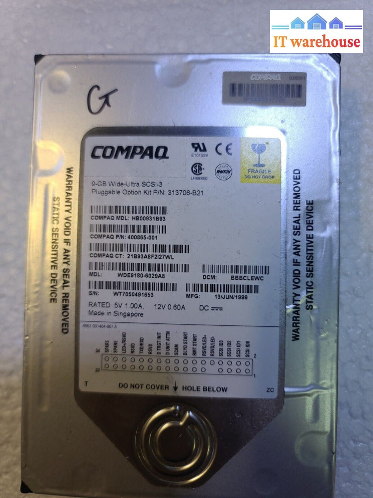 - COMPAQ WDE9180 400865-001 9GB 3.5"  HB00931B93 7200rpm SCSI HDD