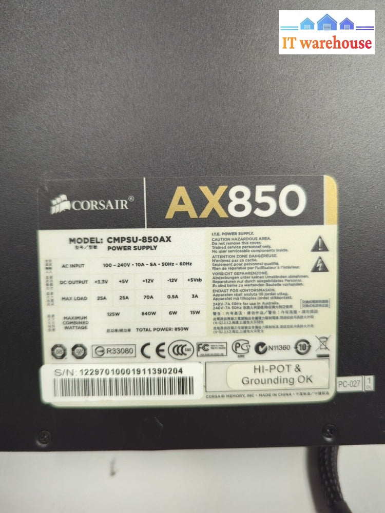 Corsair AX850 850W ATX Desktop Power Supply (2x 6 + 2 PCIE,1x 4 + 4 CPU 1x SATA)