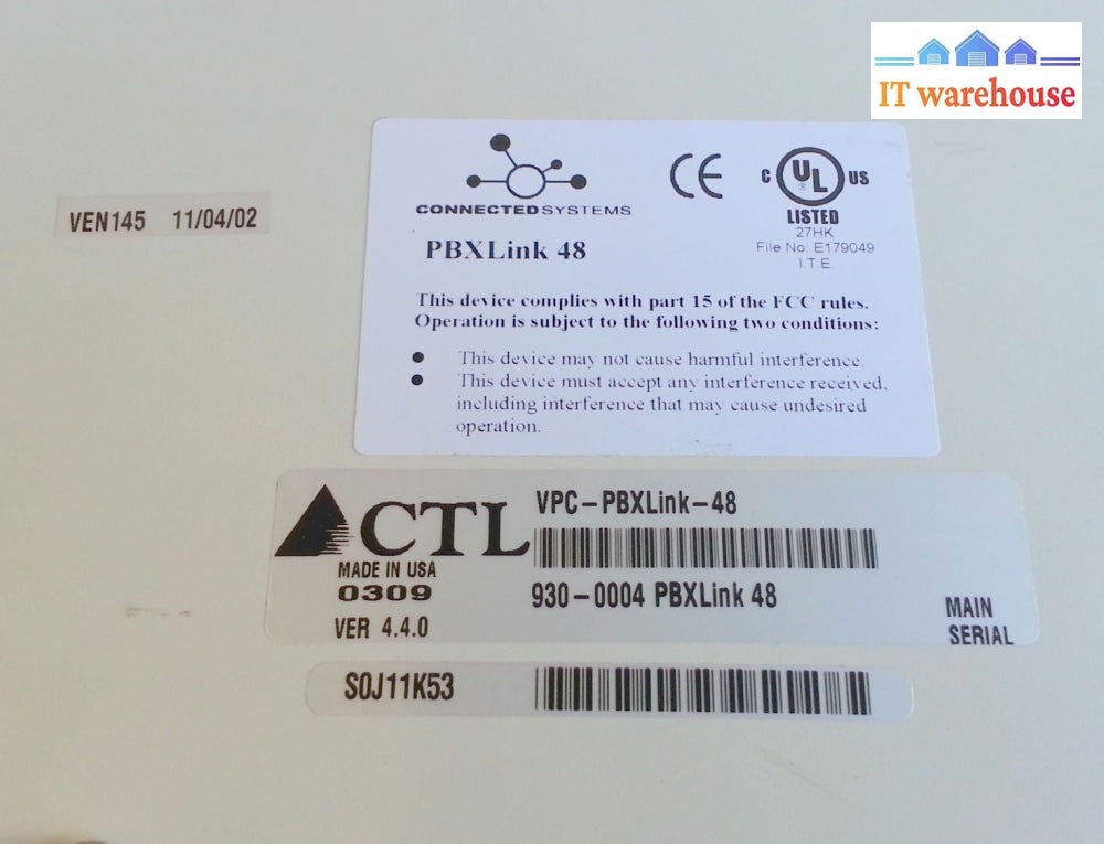 CTL CONNECTED SYSTEMS PBXLINK 48 PORT VOICEMAIL 930-0004 VPC-PBXLink-48