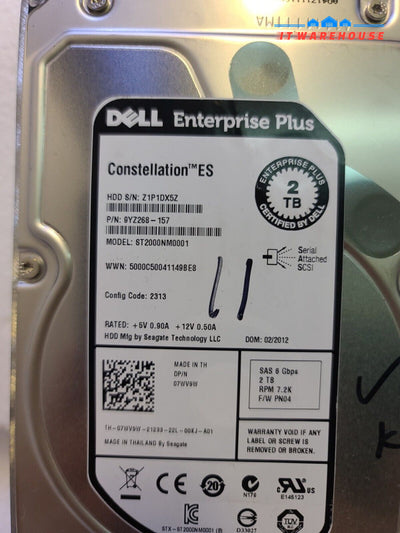 - Dell 2TB 6G SAS 7200RPM 3.5" Hard Drive ST2000NM0001 7WV9W 07WV9W Tested 