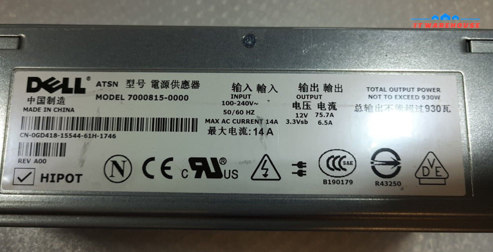 -  DELL GD418 930W POWER SUPPLY 7000815-000 @@@