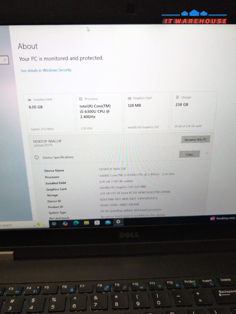 Dell Latitude E5570 15.6" Laptop i5-6300U CPU/8GB/256GB NVMe/Win10 (No Battery)-