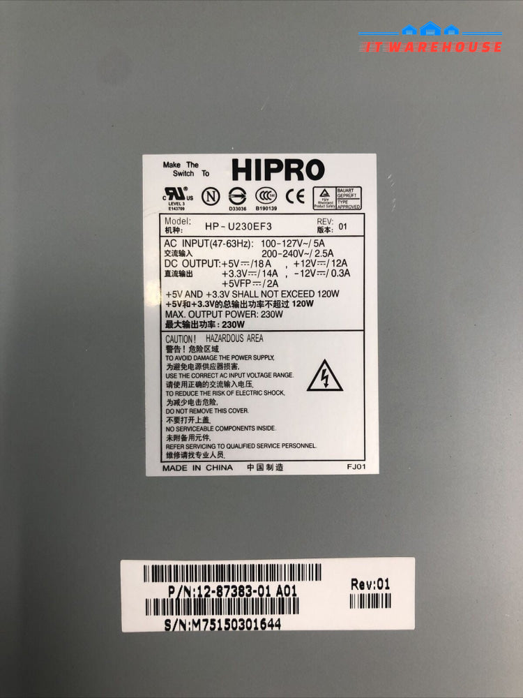 +Dell PowerVault 114T 230 Watts POWER SUPPLY HIPRO HP-U230EF3 12-87383-01