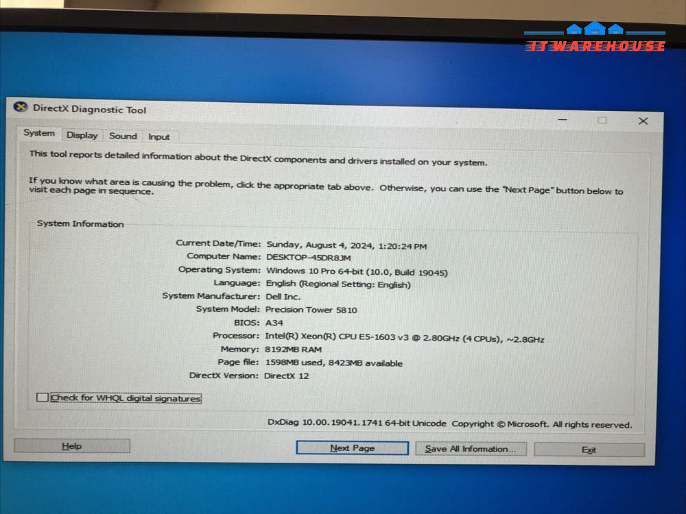 Dell Precision Tower 5810 Desktop Intel Xeon E5-1603v3 CPU / 8GB RAM / 1TB HDD ~