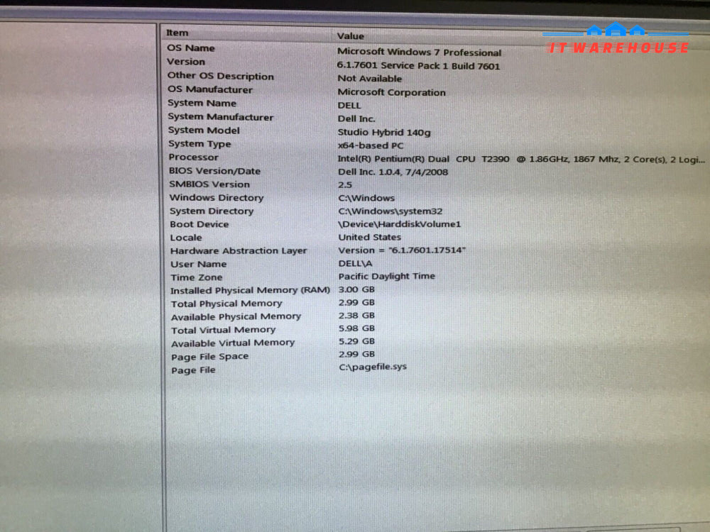 DELL Studio Hybrid 140g Desktop Intel T2390 1.86GHz 3GB RAM 500GB HDD Win7Pro