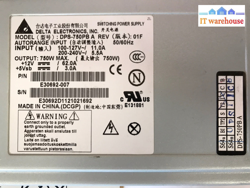 ~ Delta Electronics DPS-750PB A REV:01F E30692-007 Power Supply. Handle Broken.