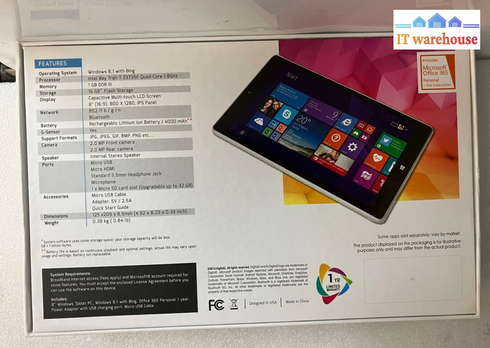 ~ Digital2 8" Tablet Intel Z3735F CPU 1GB Ram 16GB Storage Wi-Fi (No OS, READ)
