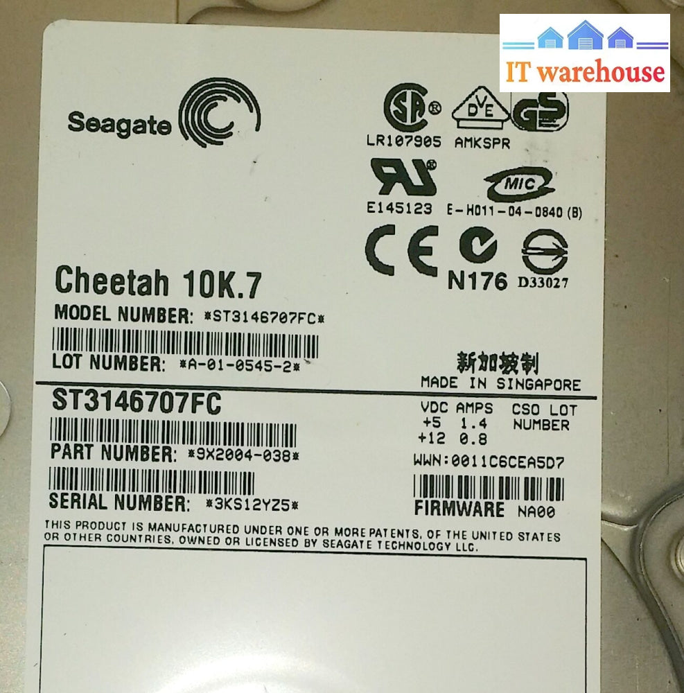Ds14 Mk 2 Fc Seagate 10K.7 St3146707Fc 9X2004-038 Fw: Na00 W/ Tray 108-00030 + B0
