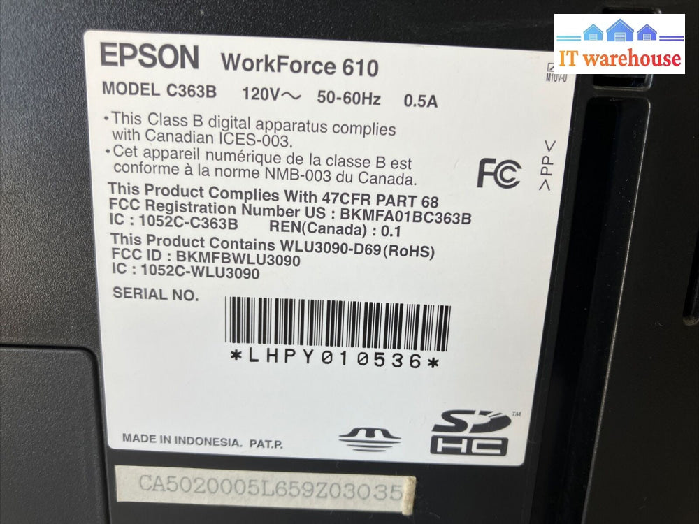 Epson Workforce 610 Wireless Inkjet All-in-One Printer C363B (No Ink Included) ~