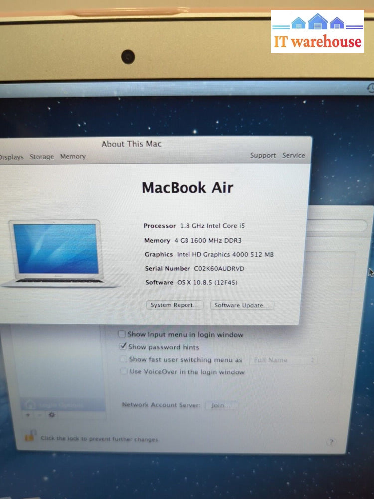 (FOR PARTS)  Apple MacBook Air A1466 13.3" Intel i5 1.8GHz/4GB DDR3/OS 10.8-