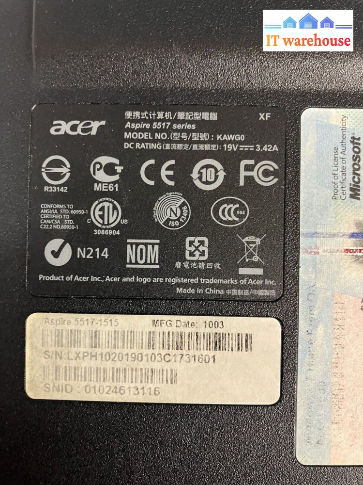 ~(For Parts, As is) Acer Aspire 5517 15.6" Laptop AMD CPU 2GB RAM No Disk (Read)