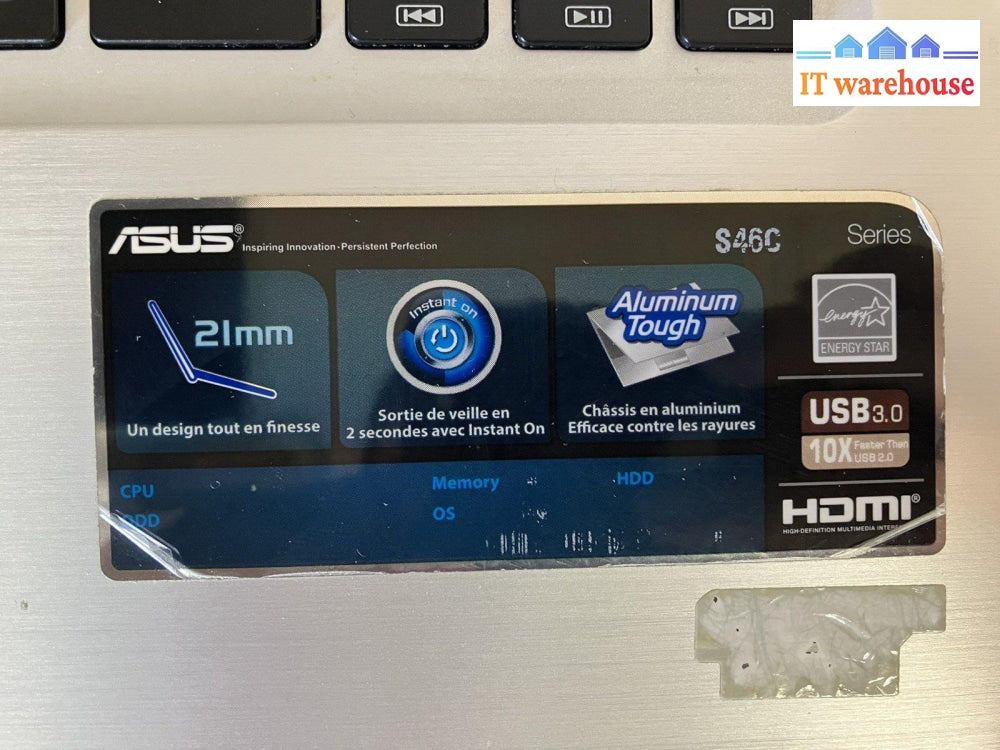~ (For Parts) Asus S46C 14’ Laptop /Intel Core I5 / Gt 635M 2Gb /No Ram Disk