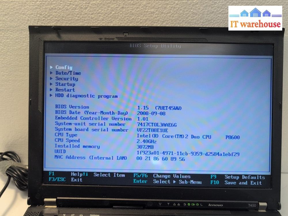 (For Parts) Lenovo ThinkPad T400 14" Laptop P8600 CPU/3GB RAM(Disk Read Error) -