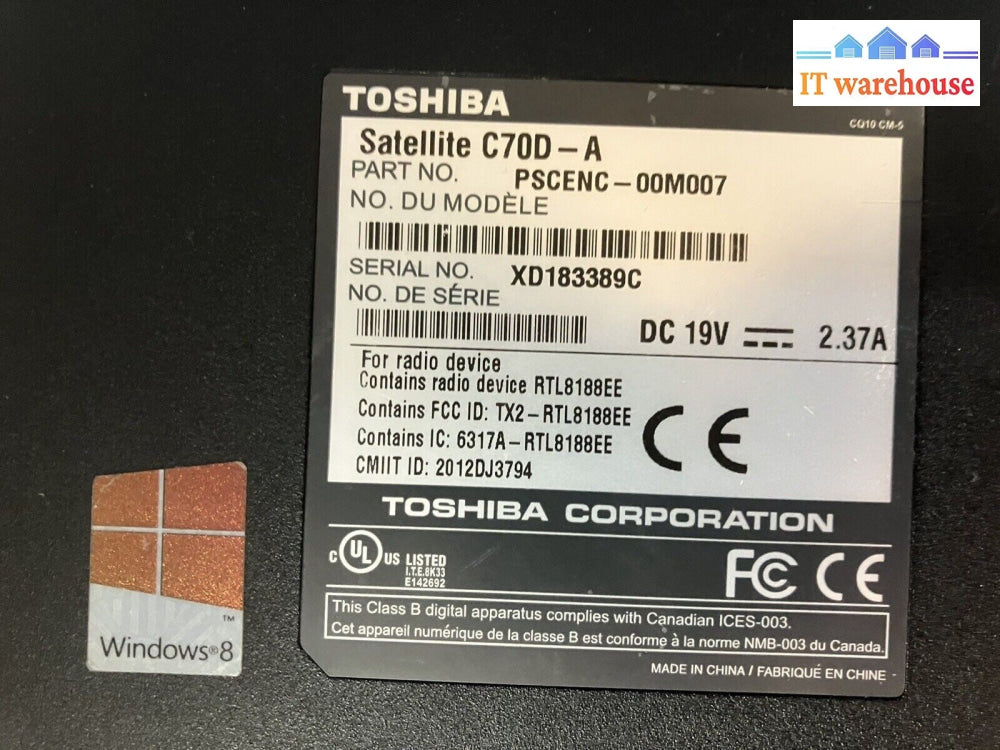 ~(For Parts) Toshiba Satellite C70D 17.3" Laptop AMD A4-5000 No Disk (Bad Screen