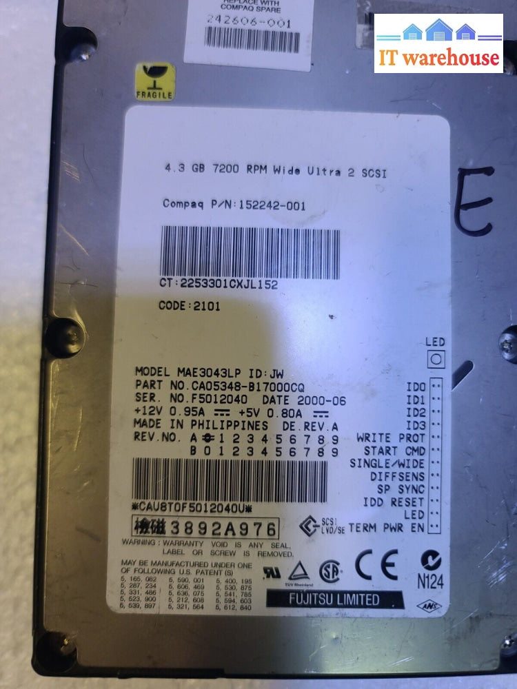 - FUJITSU LTD MAE3043LP / 152242-001 4. 3GB WIDE ULTRA 2 SCSI HARD DRIVE
