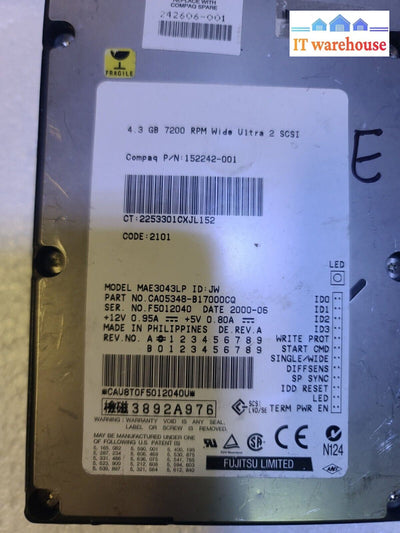 - FUJITSU LTD MAE3043LP / 152242-001 4. 3GB WIDE ULTRA 2 SCSI HARD DRIVE