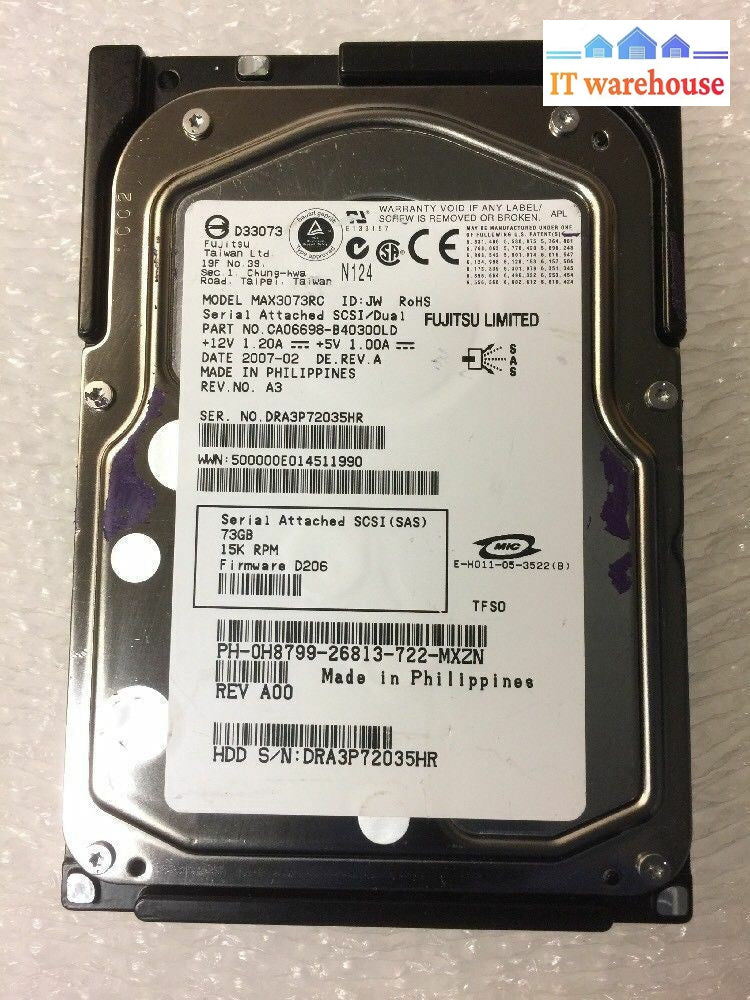 + Fujitsu MAX3073RC H8799 3.5" 15K RPM 73GB SAS HDD HARD DRIVE REV A00 @@@