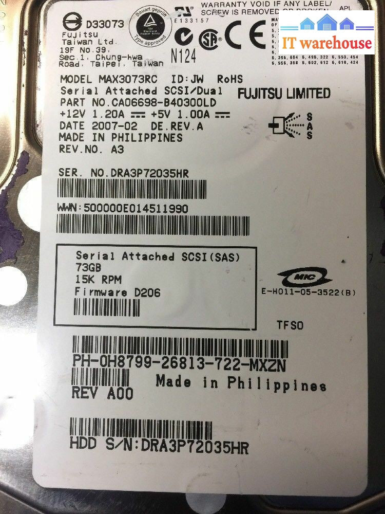 + Fujitsu MAX3073RC H8799 3.5" 15K RPM 73GB SAS HDD HARD DRIVE REV A00 @@@