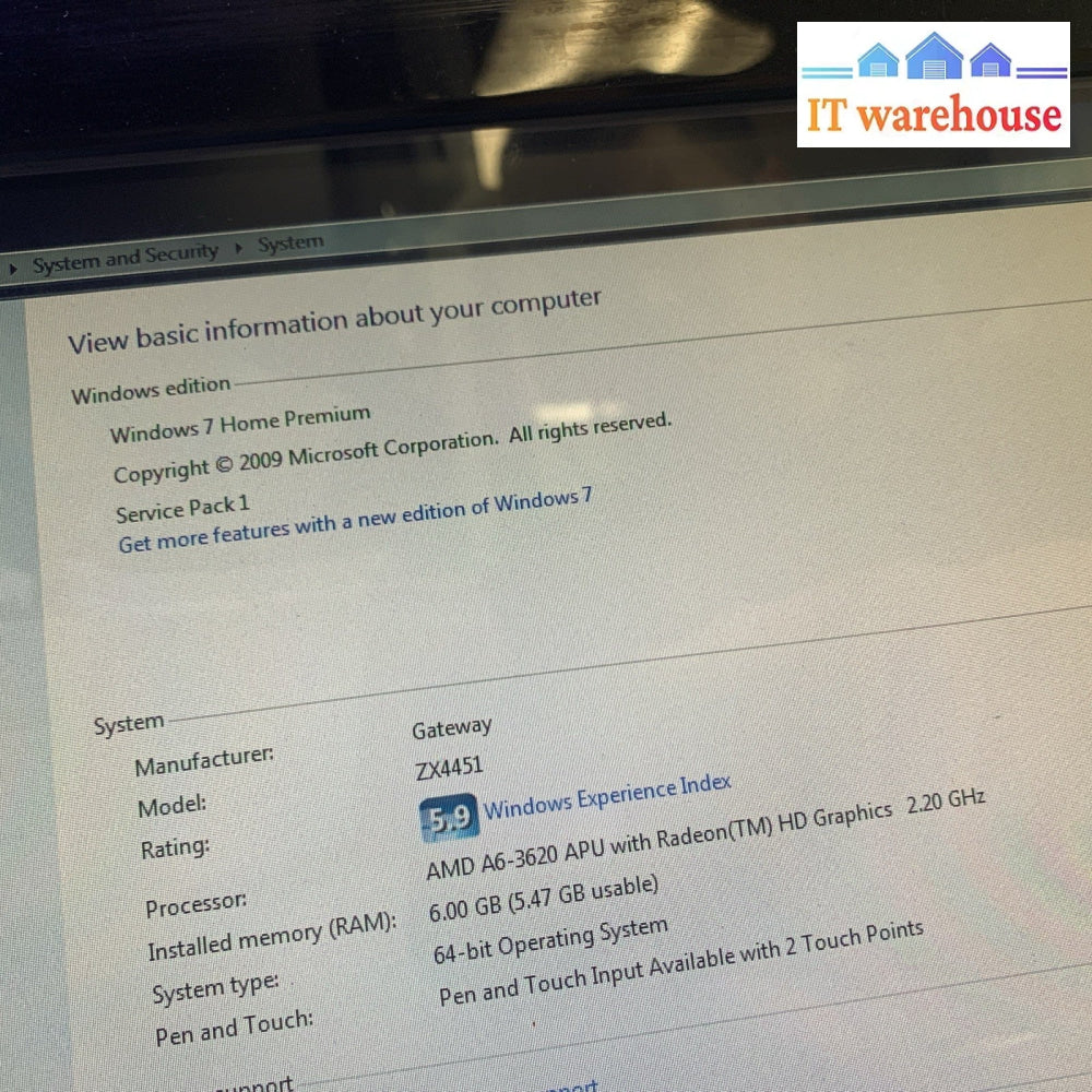 Gateway All-in -One Touchscreen ZX4451 AMD A6-3620 2.2GHz 6GB 1TB HD Win7 Home