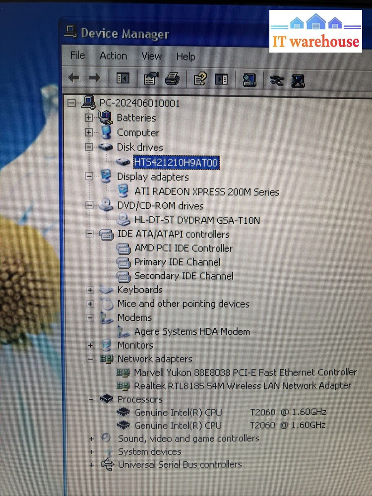 Gateway W340UI 14" Laptop Intel T2060 CPU / 1GB RAM / 100GB HDD / XP (Bad Batt)~