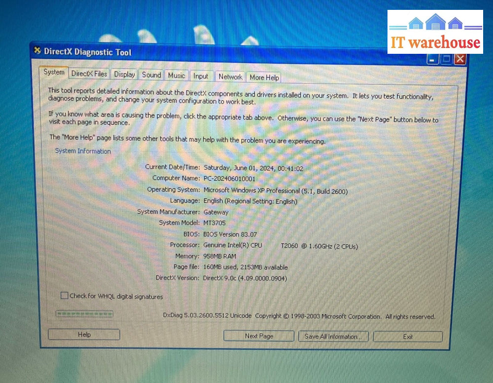 Gateway W340UI 14" Laptop Intel T2060 CPU / 1GB RAM / 100GB HDD / XP (Bad Batt)~