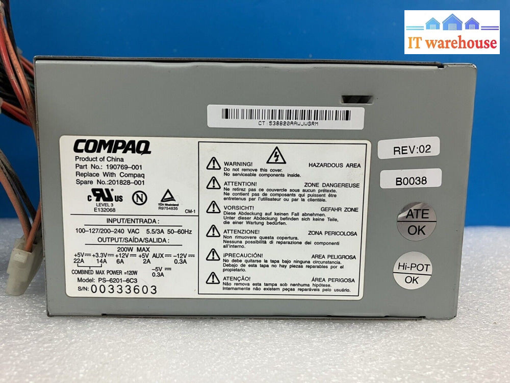 ~Genuine COMPAQ 200W 20Pin POWER SUPPLY 201828-001 190769-001 PS-6201-6C3 Tested