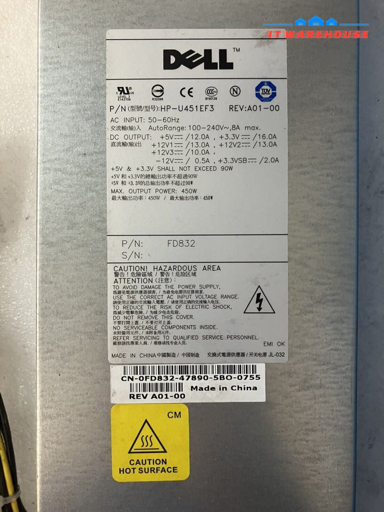 GENUINE Dell FD832 0FD832 450W Power Supply PSU HP-U451EF3 ~