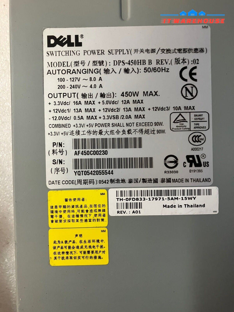 GENUINE Dell FD833 0FD833 DPS-450HB B 450W Power Supply PSU AF450C00230 ~